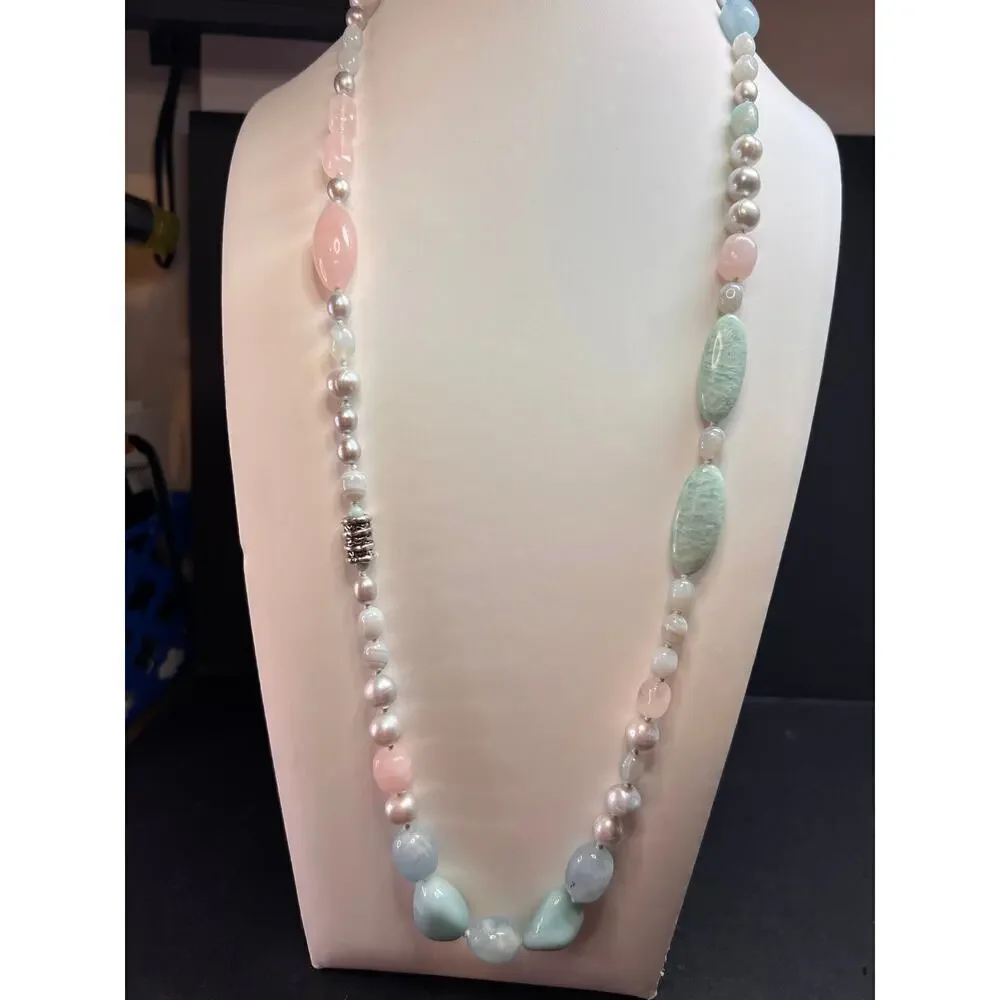 NEW dead stock amazonite , pearl multi stone sterling silver 30 inch necklace